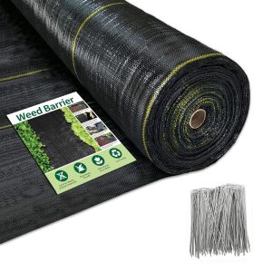 Black Weed Barrier Fabric, 6x300 FT, 90 GSM, 70% Recycled Material, Yellow Thread