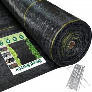 Black Weed Barrier Fabric, 5x100 FT, 90 GSM, 70% Recycled Material, Yellow Thread